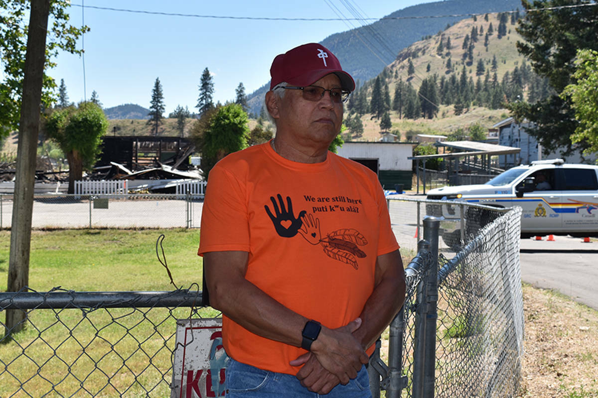 Penticton Indian Band Chief Greg Gabriel speaks to the Sacred Hearts Catholic Church burning down early Monday morning, June 21, 2021. (Monique Tamminga Western News)