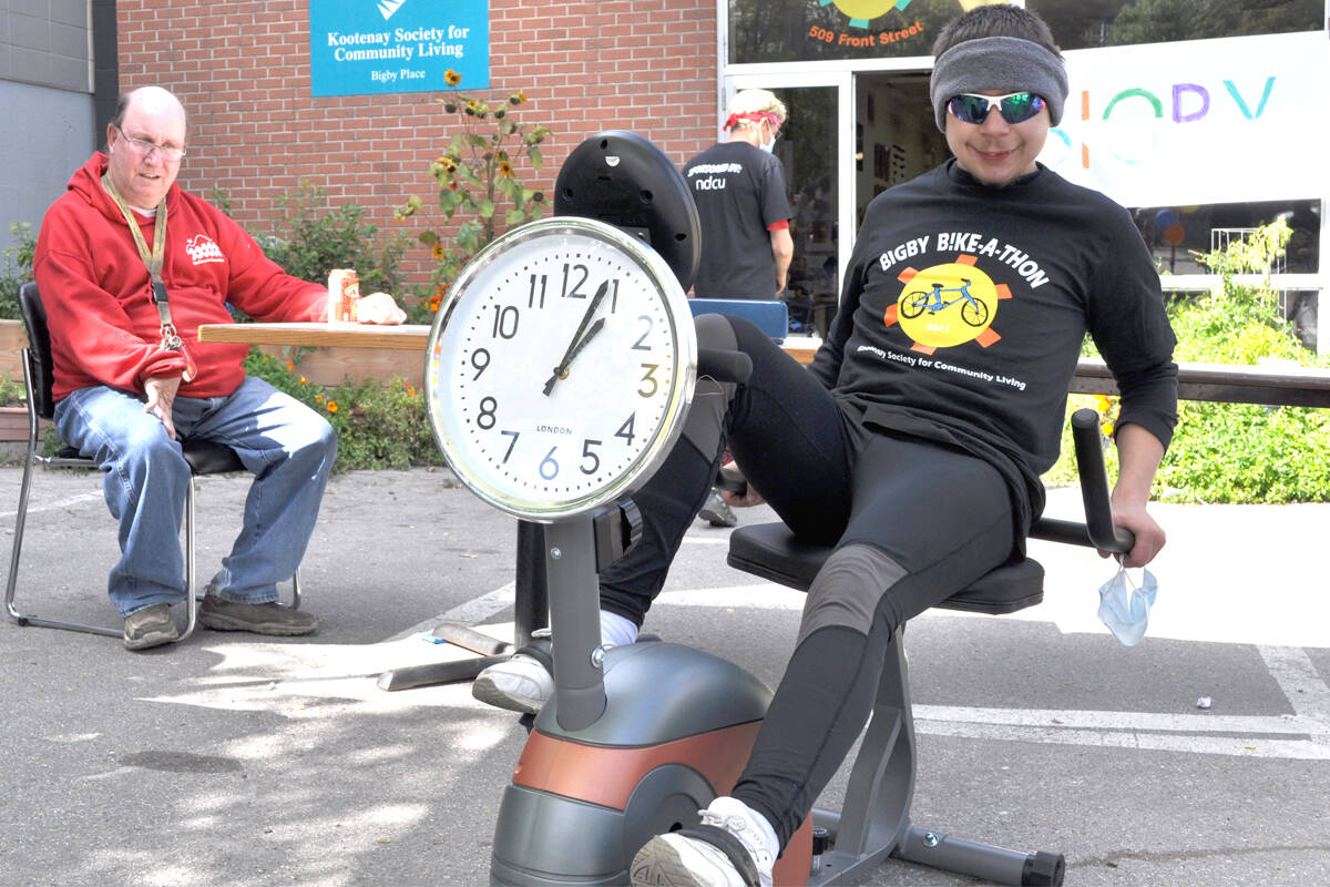 Travis Bridge takes part in the 10-hour Bike-A-Thon held at Bigby Place. Participants were raising money for Nelson adults with special needs to travel to an athletics event in 2022. Photo: Tyler Harper