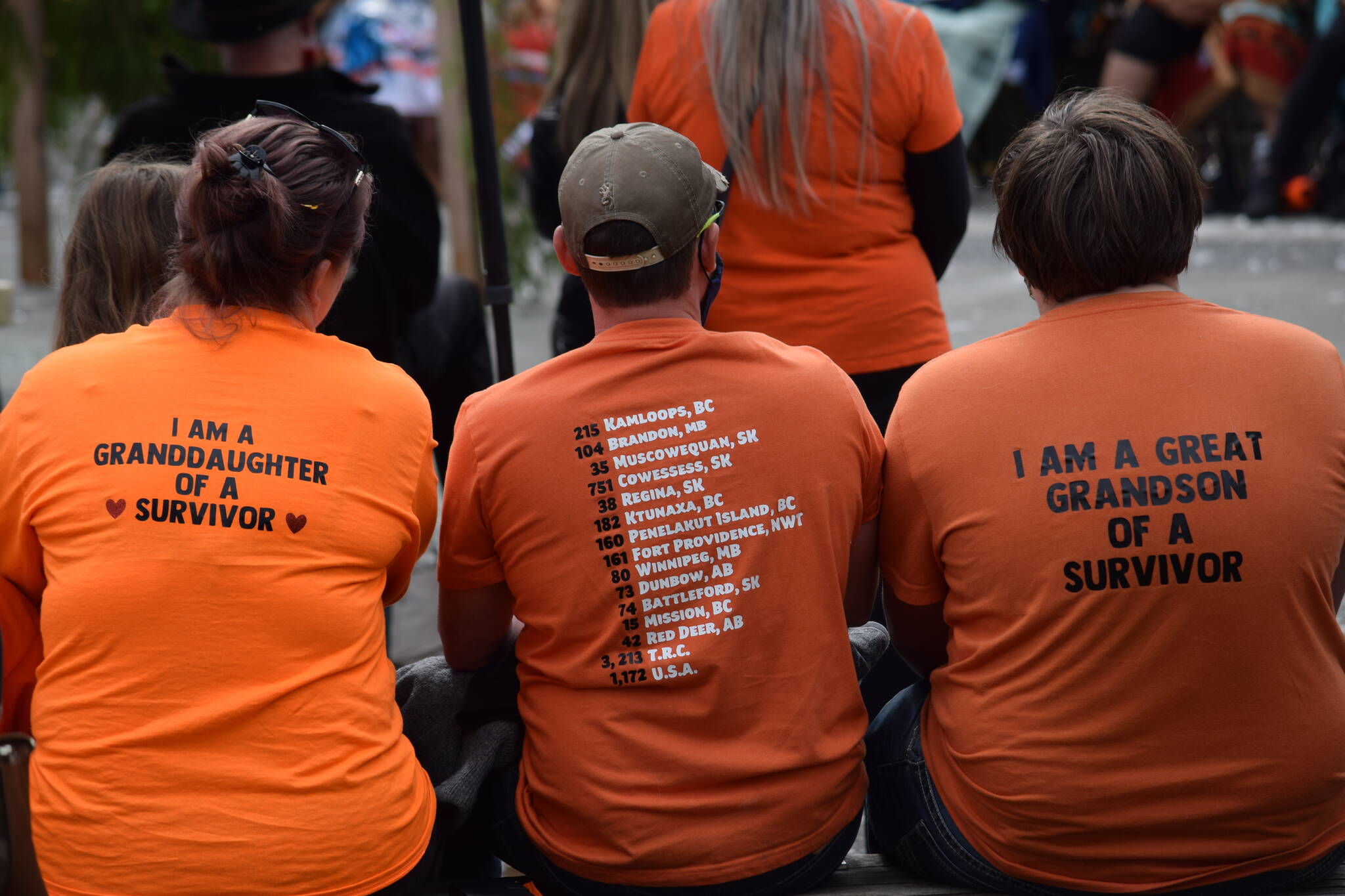 The t-shirts of attendees at Campbell River’s National Day of Truth and Reconciliation ceremony illustrate the continual effect of Canada’s residential school system on multiple generations. (Ronan O’Doherty, Campbell River Mirror)