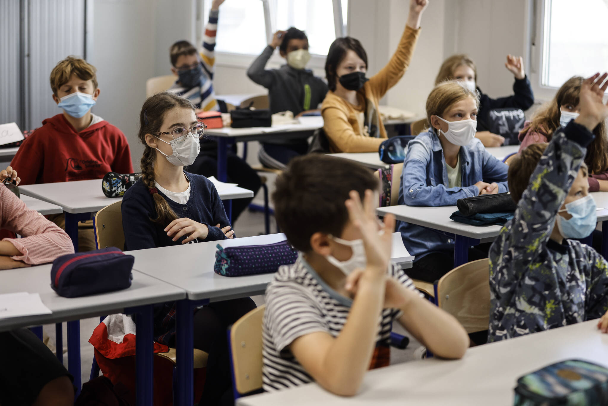 Children at school in Strasbourg, France, Sept. 2, 2021. B.C. has extended its mask rules to include children from kindergarten to grade three until at least January. (AP Photo/Jean-François Badias)