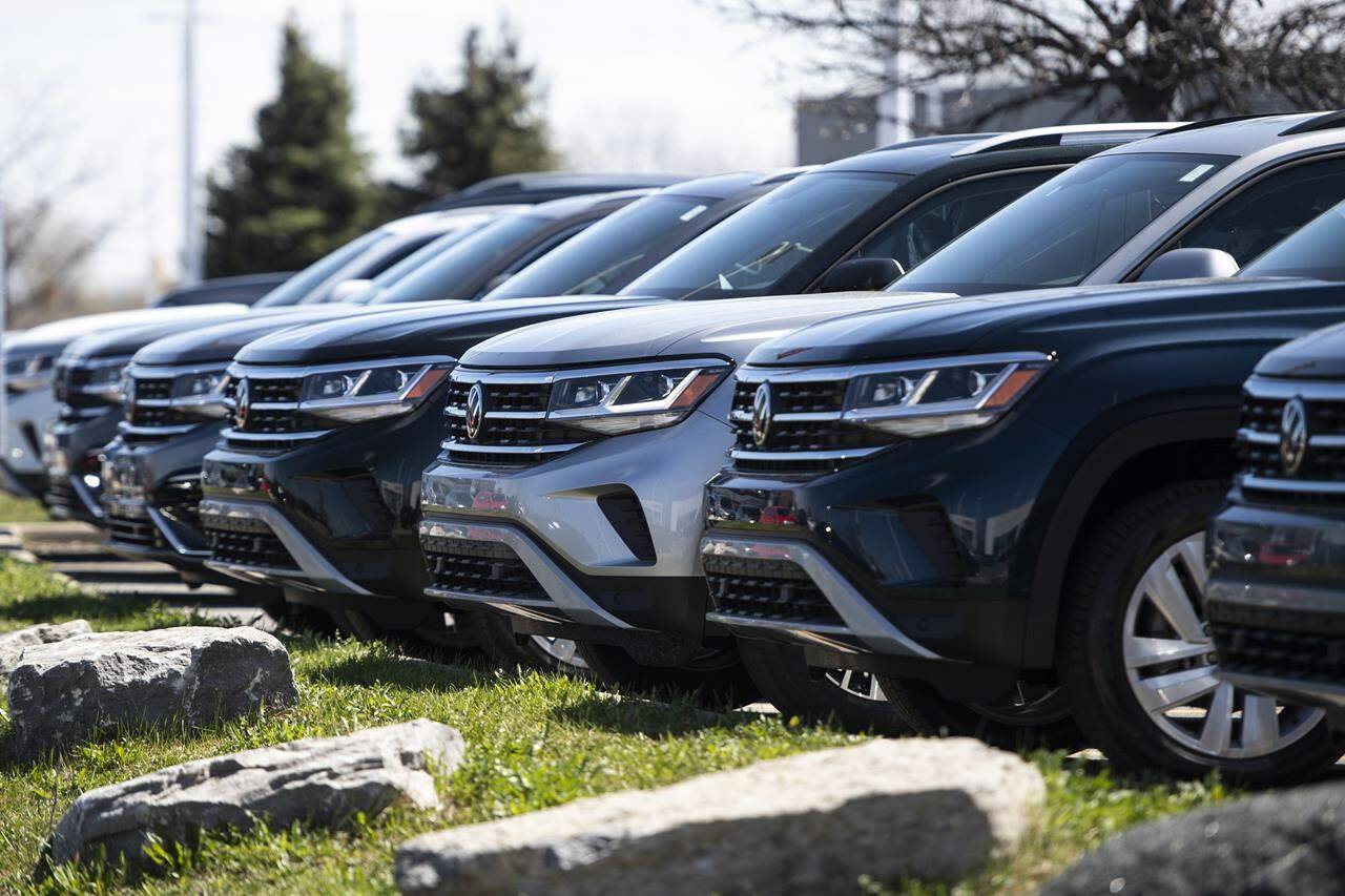 New Volkswagen SUVs for sale are seen at an auto mall in Ottawa, on Monday, April 26, 2021. Canadian auto sales fell 19.6 per cent in September from a year earlier as supply shortages caused by semiconductor supply issues continues to weigh. THE CANADIAN PRESS/Justin Tang