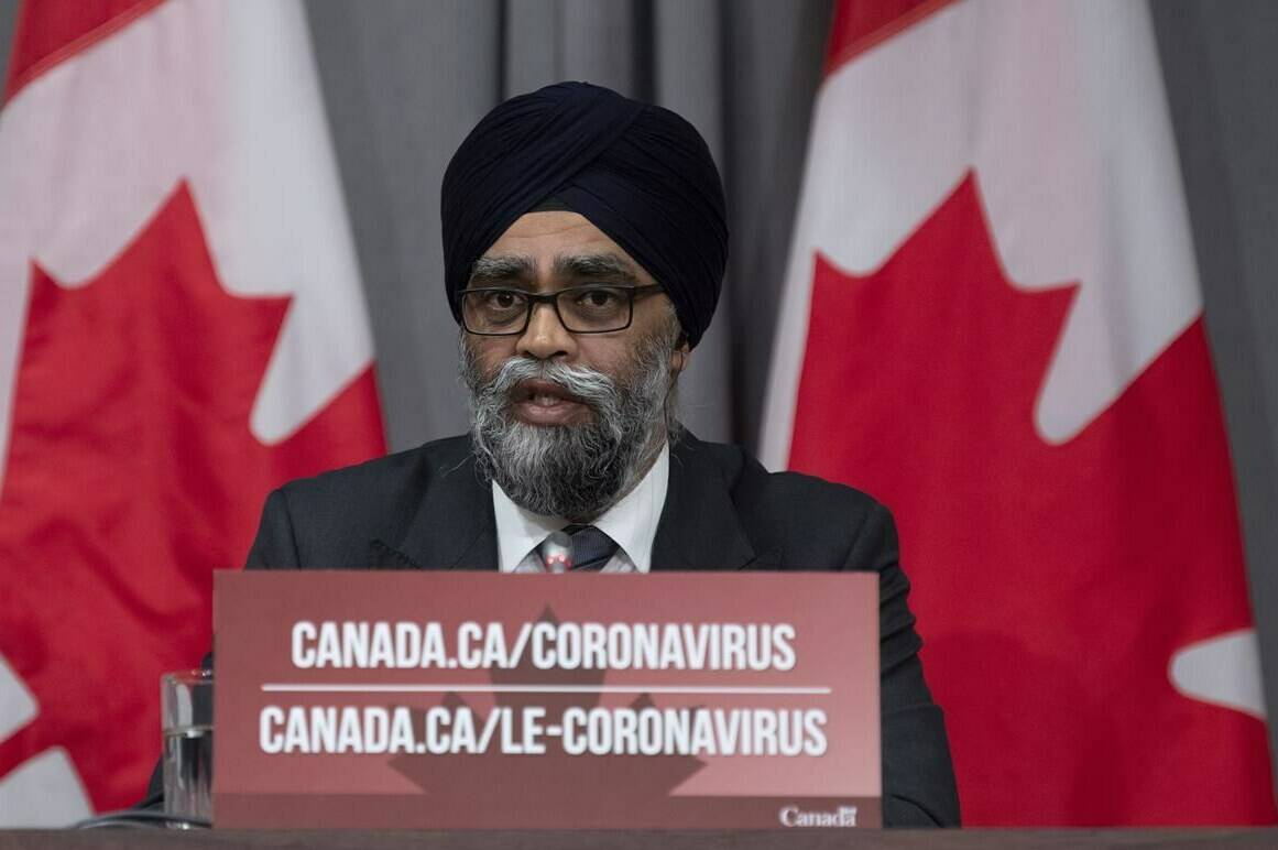 Minister of National Defence Harjit Sajjan speaks during a news conference Thursday May 7, 2020 in Ottawa. Sajjan says that as part of Operation LASER, Canadian Armed Forces members will use their experience to help Alberta in the fight against the fourth wave of the pandemic. THE CANADIAN PRESS/Adrian Wyld