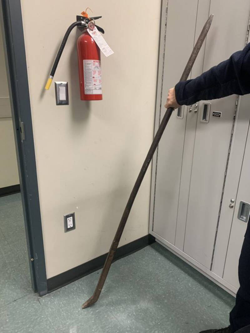 Police found a ‘long metal pointed rod’ next to the neighbour’s door on Friday, Oct. 1, 2021. (New Westminster Police))