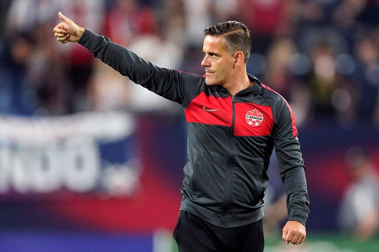 Canada head coach John Herdman salutes the crowd as he leaves the pitch following a 1-1 draw against the United States in a World Cup soccer qualifier Sunday, Sept. 5, 2021, in Nashville, Tenn. Canada will be missing some key pieces when it takes on mighty Mexico at famed Azteca Stadium in World Cup qualifying play Thursday. THE CANADIAN PRESS/AP, Mark Humphrey