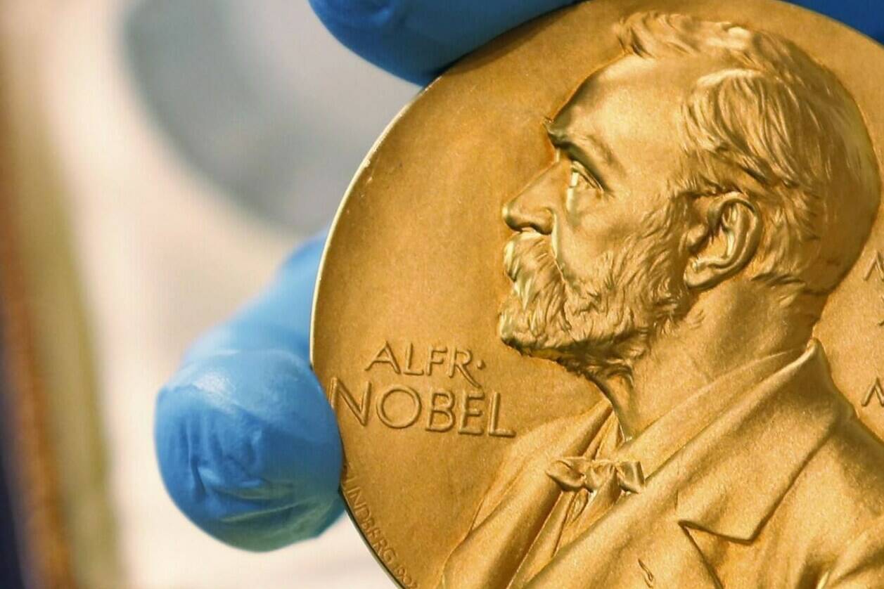 FILE - In this April 17, 2015 file photo, a national library employee shows a gold Nobel Prize medal. The Nobel Peace Prize will be awarded on Friday Oct. 8, 2021. (AP Photo/Fernando Vergara, File)
