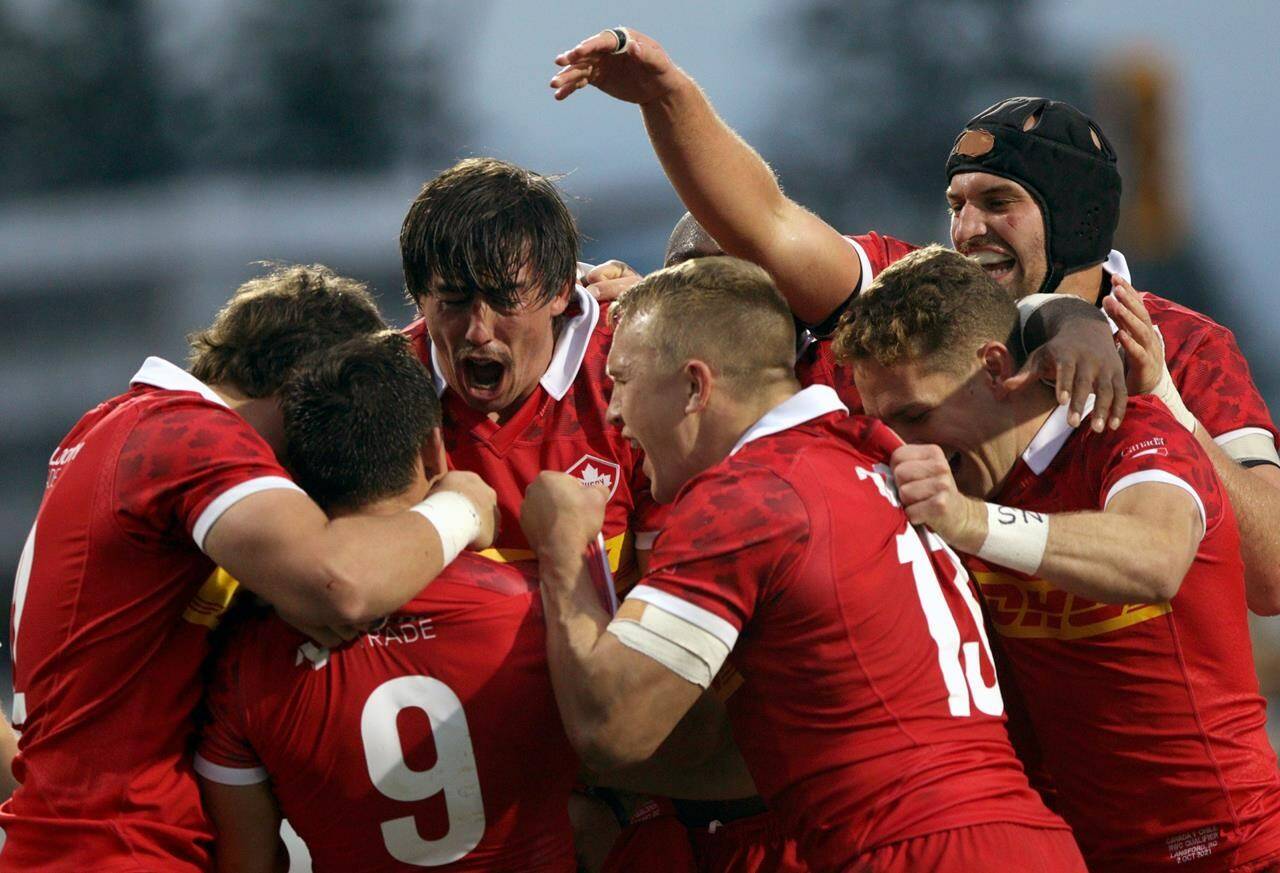 Canada’s Kyle Baillie (centre) celebrates with teammates after a try against Chile during the second half of a Rugby World Cup 2023 qualification match at Starlight Stadium in Langford, B.C., on Saturday, Oct. 2, 2021. Holding a slender 22-21 advantage after the first leg in Langford, B.C., Canada looks to finish off Chile on Saturday in the rematch of their aggregate Rugby World Cup qualifying series. THE CANADIAN PRESS/Chad Hipolito