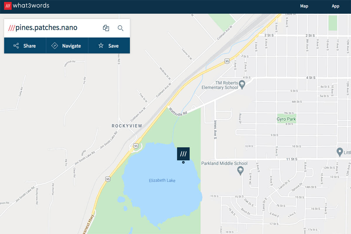 Pictured is a screen shot of the What3Words app website. The app uses a unique three-word address for locations across the globe, as opposed to longitude and latitude coordinates. ‘///pines.patches.nano’ is one of the locations on Elizabeth Lake in Cranbrook. BC Search and Rescue groups are warning against the use of this app, stating it can cause confusion. (Cranbrook Townsman file)