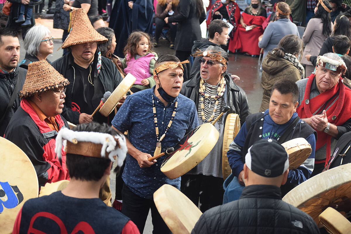 Nuu-chah-nulth and Kwakwaka’wakw drummers sing the Grease Trail Song during a totem pole unveiling ceremony in Port Alberni. Canada’s Indigenous population is expected to grow faster than the country’s non-Indigenous population in the next 20 years, including in B.C. (Black Press Media file photo)