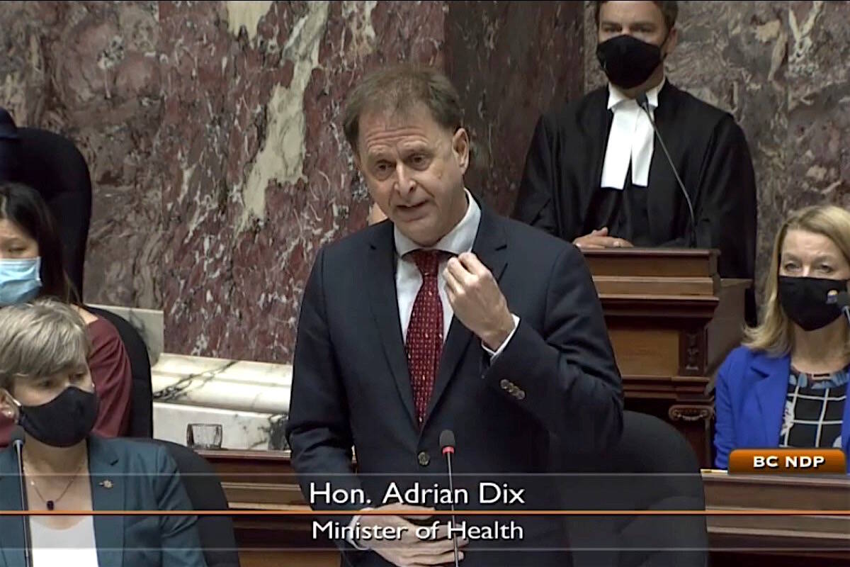 B.C. Health Minister Adrian Dix takes questions in the legislature on Tuesday, Oct. 5, 2021. The legislature has resumed sitting with most MLAs in attendance and vaccine required for all. (Hansard TV)