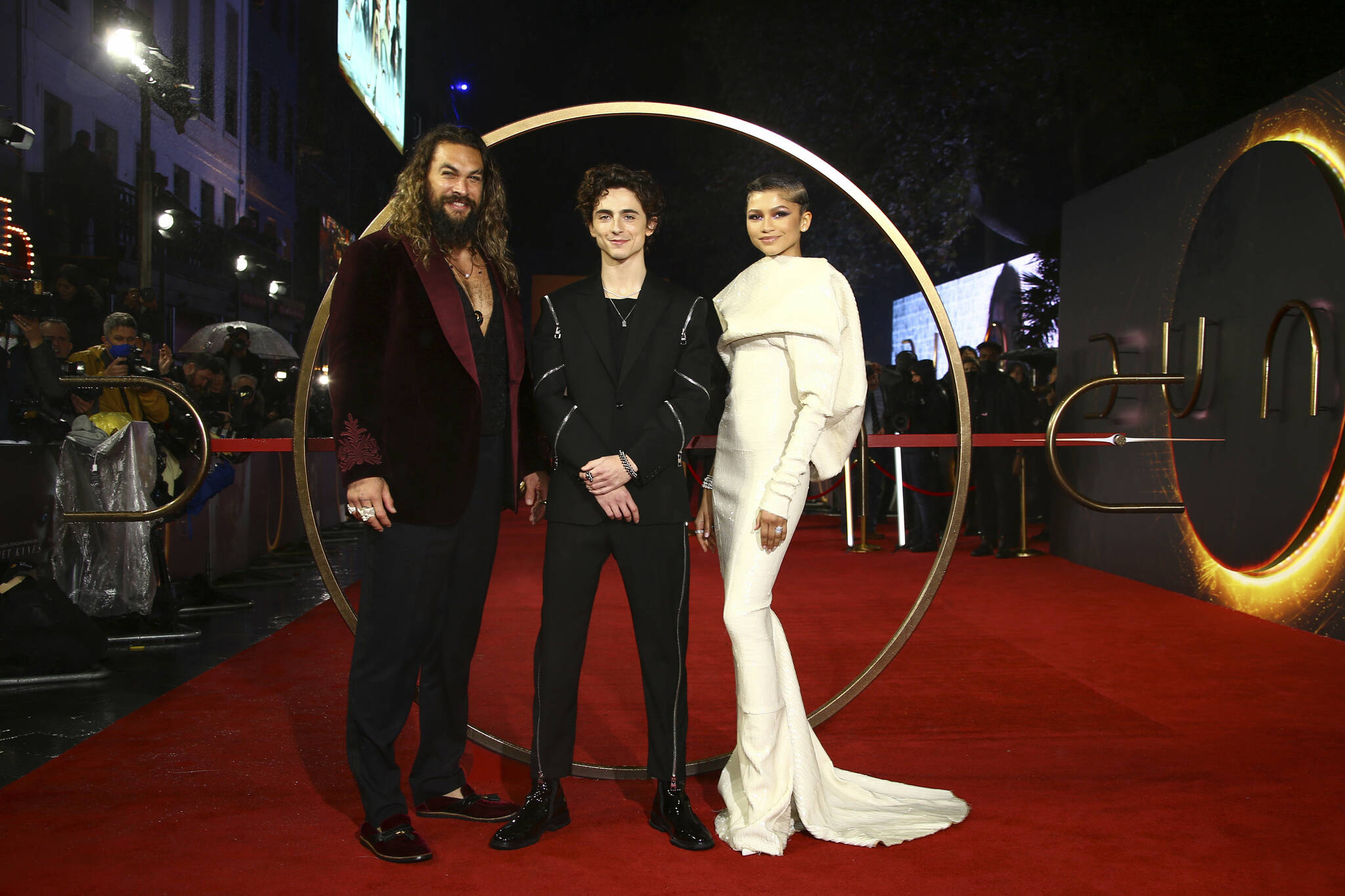 Jason Momoa, from left, Timothee Chalamet, and Zendaya pose for photographers upon arrival at the premiere of the film ‘Dune’ on Monday, Oct. 18, 2021 in London. (Photo by Joel C Ryan/Invision/AP)