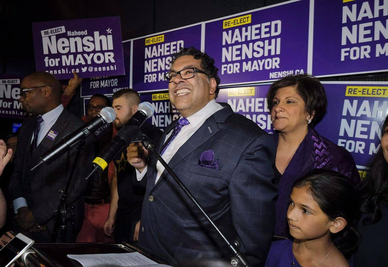 Naheed Nenshi celebrates his victory as Calgary’s mayor following municipal elections in Calgary, Alta., early Tuesday, Oct. 17, 2017. Alberta’s two major cities are to bring in new mayors during municipal elections today after being led by Naheed Nenshi in Calgary and Don Iveson in Edmonton for multiple terms. THE CANADIAN PRESS/Jeff McIntosh