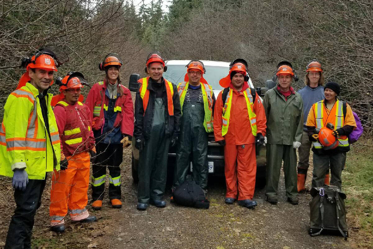 Taan Forest Crew (L to R): Clarence Thompson, Ed Davis, Sophie Simons (Riparian Specialist) Charlie Thompson, Dustin Edgars, Vernon White, Todd Russ, Eri Foster (Riparian Specialist) Ron Hamilton. Taan Forest would like to acknowledge the passing of crew member Charlie Thompson and express our heartfelt sympathy to his family and friends. (Taan Forests photo)