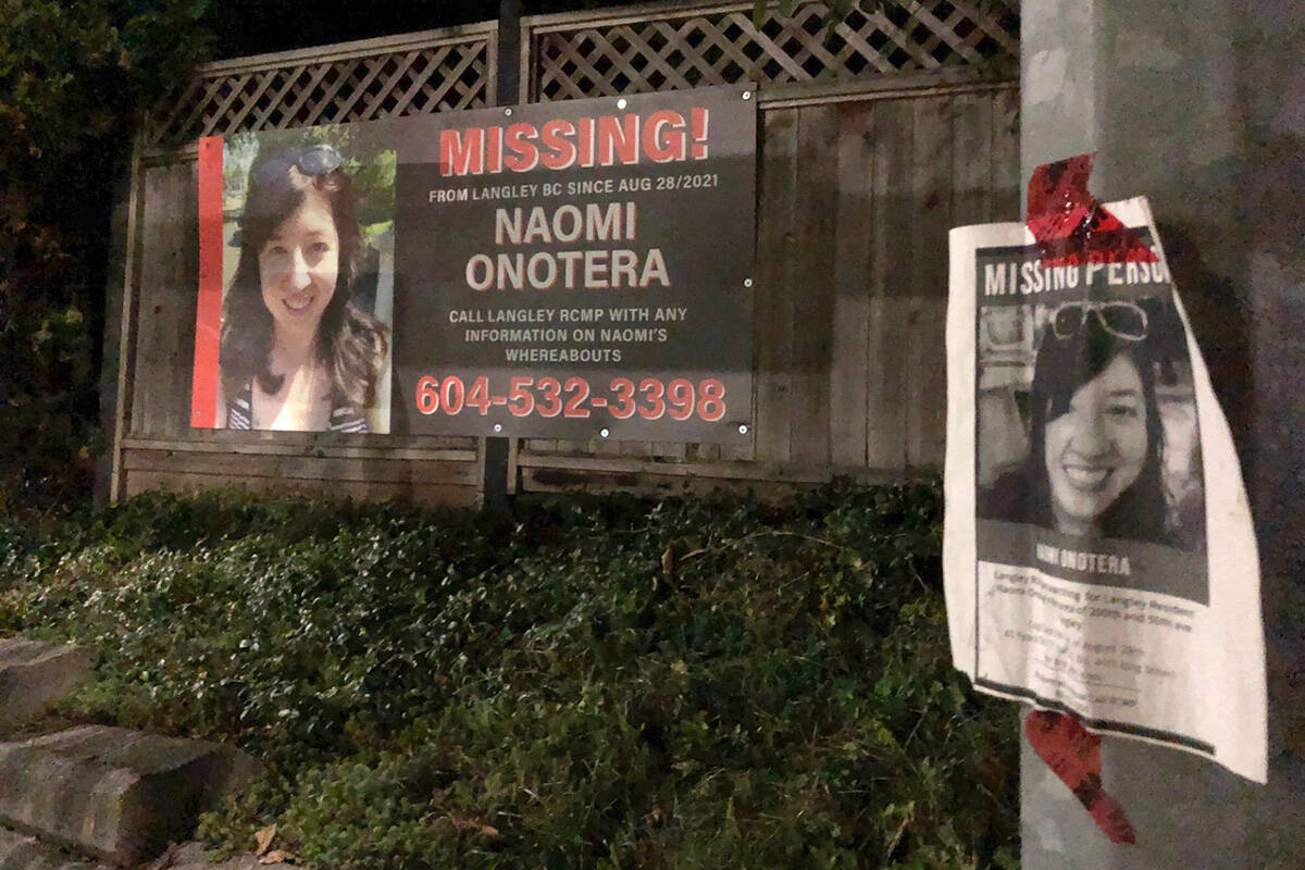 A sign appealing for help faces the home of missing Langley City woman Naomi Onotera. (Langley Advance Times file)