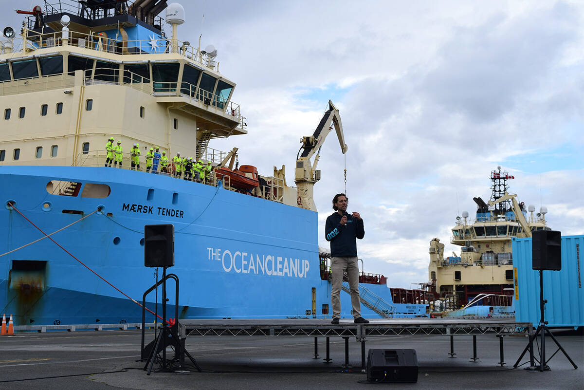 Oceans director Hen van Dalen talks about the proof of their technology upon the return of Ocean Cleanup’s vessels to Ogden Point Wednesday, Oct. 20. (Kiernan Green/News Staff)