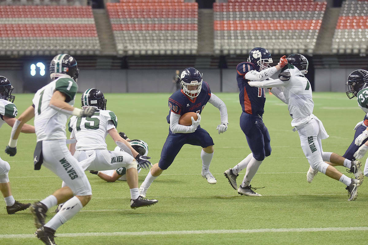The Vernon Panthers and Bateman Timberwolves battle at a past B.C. high school provincial final in BC Place. That venue will not be hosting the 2021 slate of championship games. (Ben Lypka/Abbotsford News)