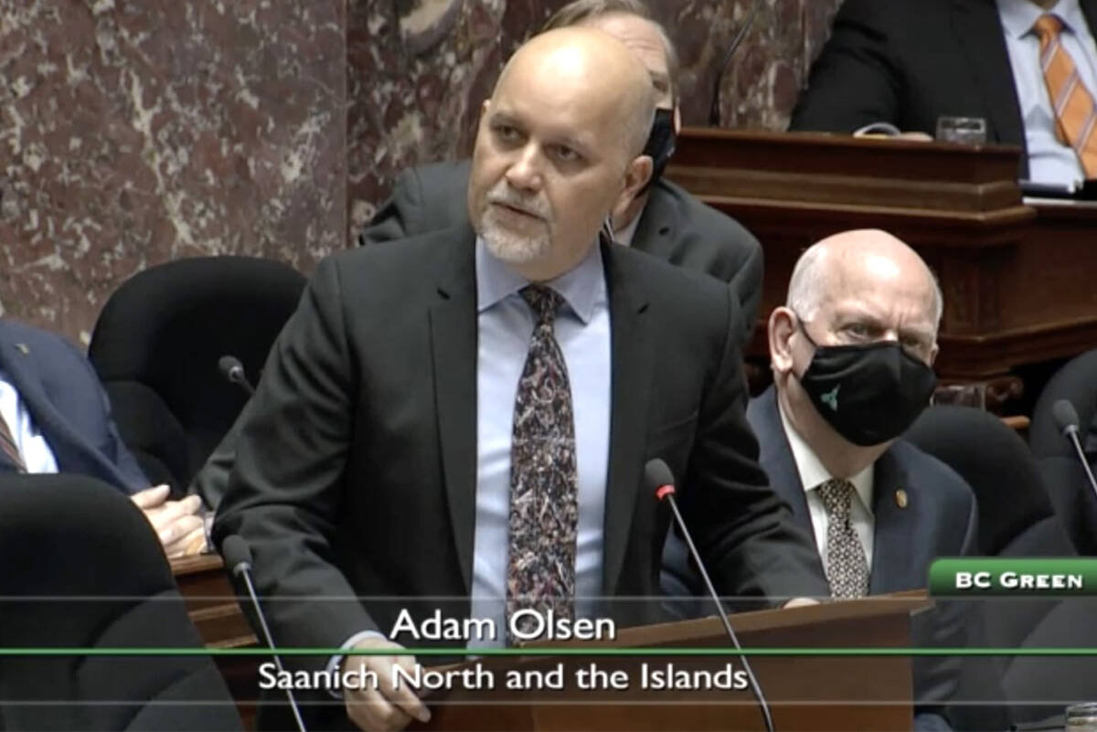 Adam Olsen, MLA for Saanich North and the Islands, speaks about drug use during a speech in the legislature. (Government of British Columbia)