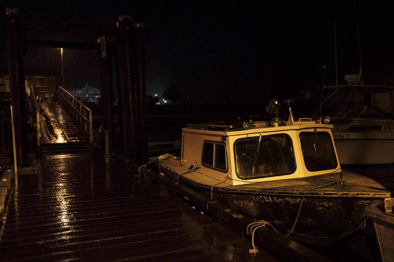 Fishing boats on the fourth street dock in Tofino sway from side-to-side with the heavy rain and wind after the tsunami warning ends, on Tuesday, Jan. 23, 2018. THE CANADIAN PRESS/Melissa Renwick