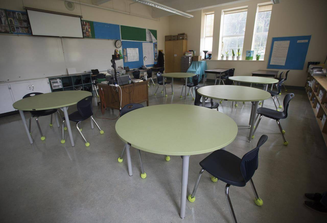 A cleaned classroom is seen during a media tour of Hastings Elementary school in Vancouver, Wednesday, September 2, 2020. British Columbia’s Education Ministry has released new guidelines to help school boards with COVID-19 vaccination policies, but is leaving any final decision up to the respective boards. THE CANADIAN PRESS/Jonathan Hayward