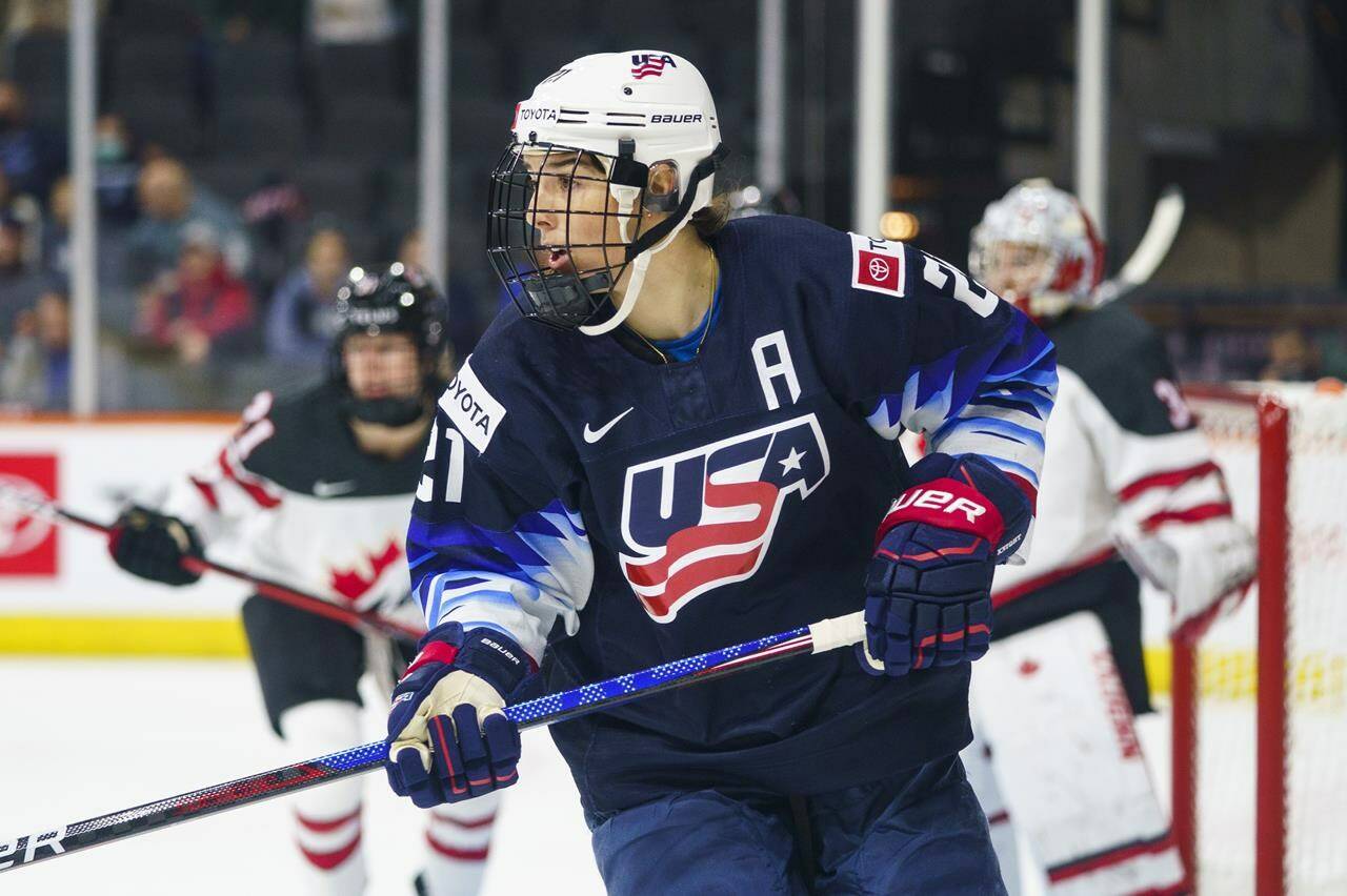 United States’ Hilary Knight looks for the puck during the second period of the team’s hockey game against Canada, Friday, Oct. 22, 2021, in Allentown, Pa. (AP Photo/Chris Szagola)