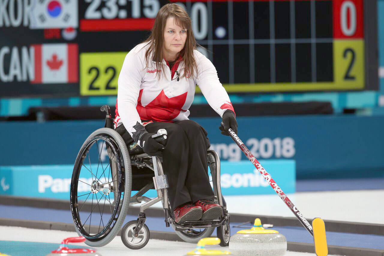Spallumcheen’s Ina Forrest and Team Canada got into the win column with a pair of victories Sunday, Oct. 24, at the World Wheelchair Curling Championships in Beijing. The event is being held at the same venue that will host the sport at the 2022 Paralympics. (Team Canada Photo)