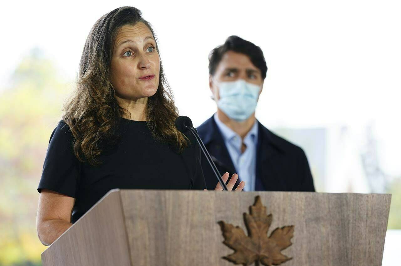 Minister of Finance and Deputy Prime Minister Chrystia Freeland joins Prime Minister Justin Trudeau during a press conference as they visit the Children’s Hospital of Eastern Ontario in Ottawa on October 21, 2021. THE CANADIAN PRESS/Sean Kilpatrick