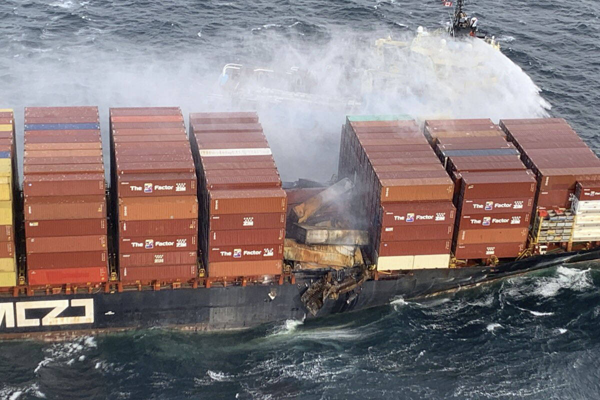 The fire on the container ship Zim Kingston anchored near Victoria has been stabilized as of Oct. 24. Five crew members remain onboard. (Courtesy Canadian Coast Guard)