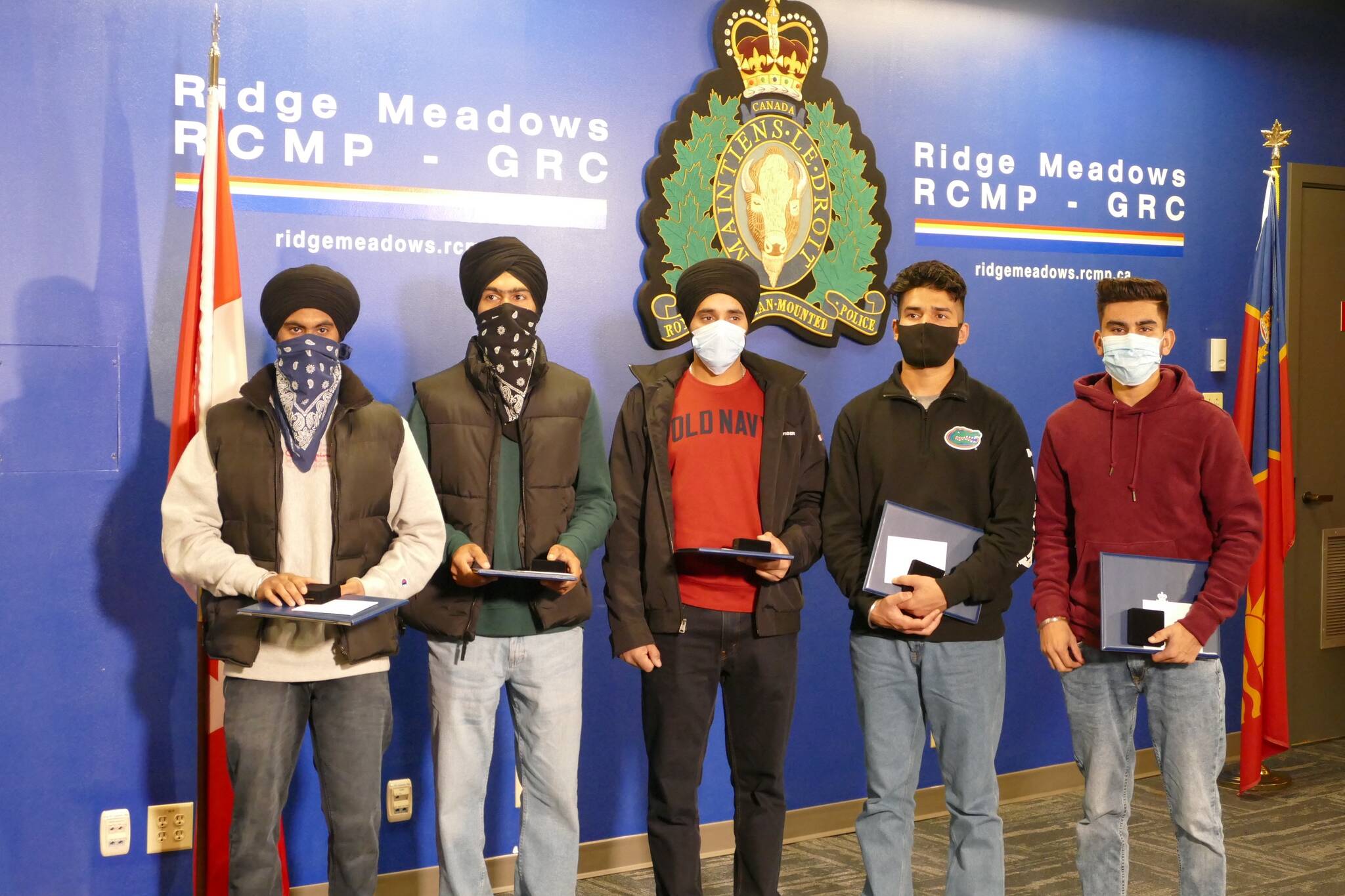 Gagandeep Singh, Gurpreet Singh, Kulinder Singh, Arvindjeet Singh, Ajay Kumar honoured by the Ridge Meadows RCMP. (Priyanka Ketkar/The News)