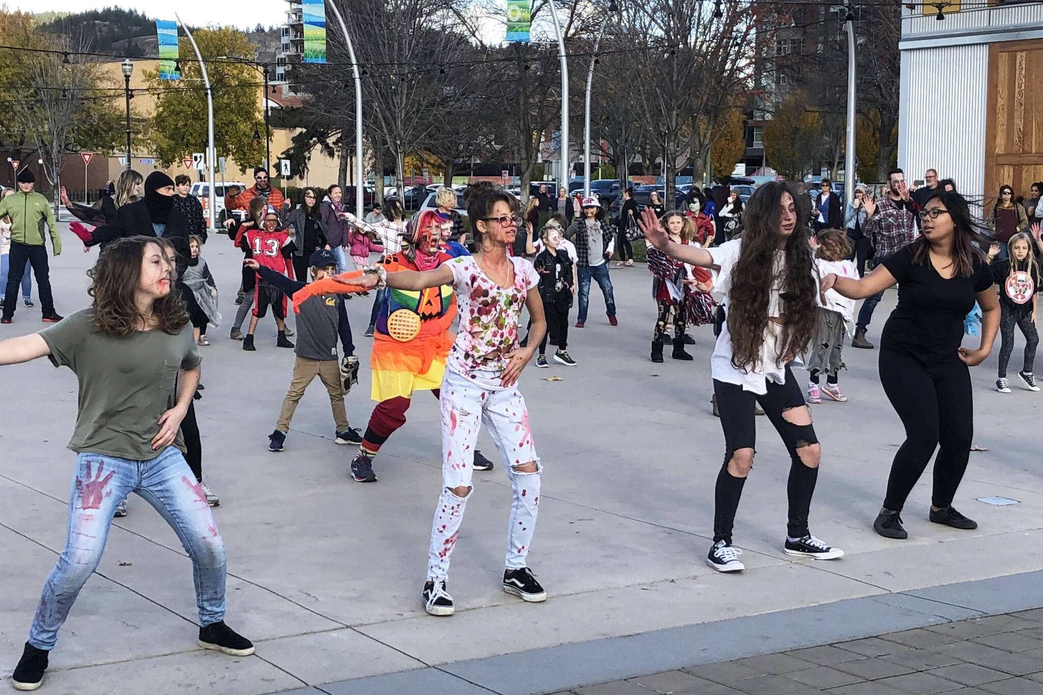 Halloween enthusiasts, zombies and ghouls danced along to Michael Jackson’s Thriller at Stuart Park in Kelowna in 2019. (Black Press file photo)