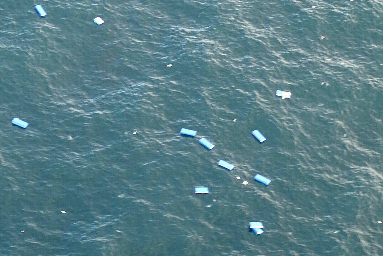 Shipping containers from the MV Zim Kingston are seen after they spilled from a ship west of Neah Bay. (U.S. Coast Guard photo)