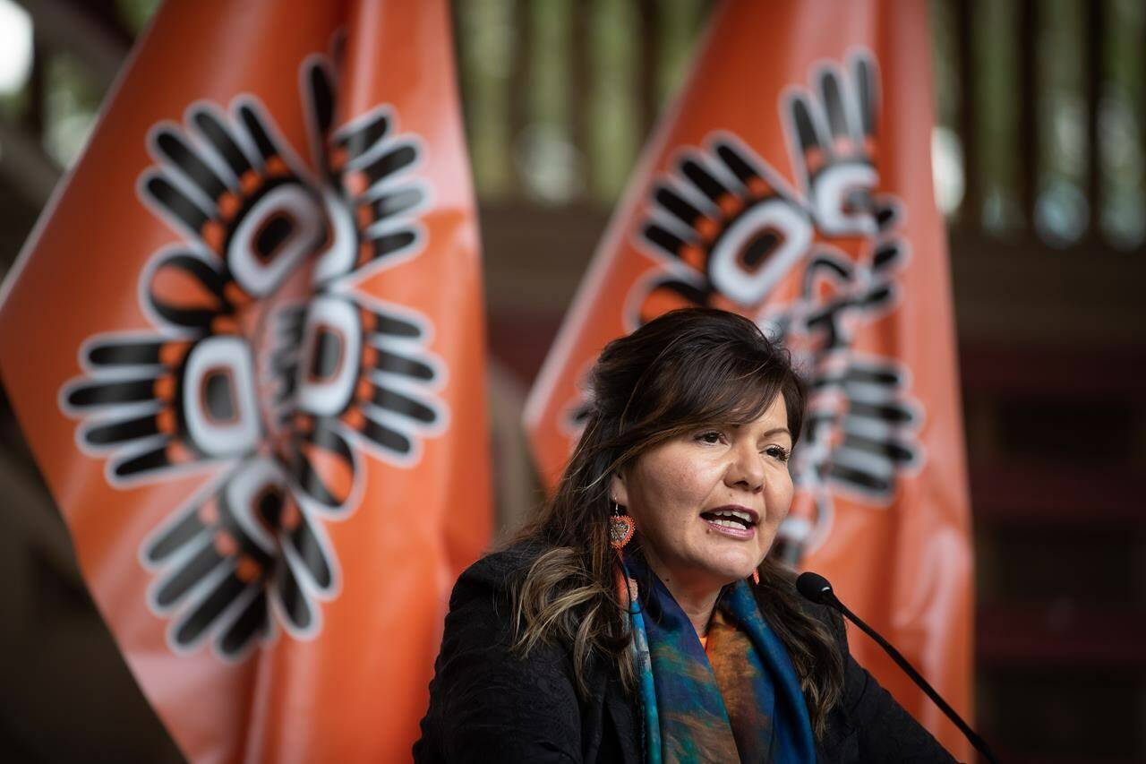 Tk’emlups te Secwepemc Kukpi7 (Chief) Rosanne Casimir speaks during a news conference ahead of a ceremony to honour residential school survivors and mark the first National Day for Truth and Reconciliation, in Kamloops, B.C., on Thursday, Sept. 30, 2021. Leaders of the First Nation say it would be “deeply meaningful” to welcome Pope Francis to their territory during an expected visit to Canada. THE CANADIAN PRESS/Darryl Dyck