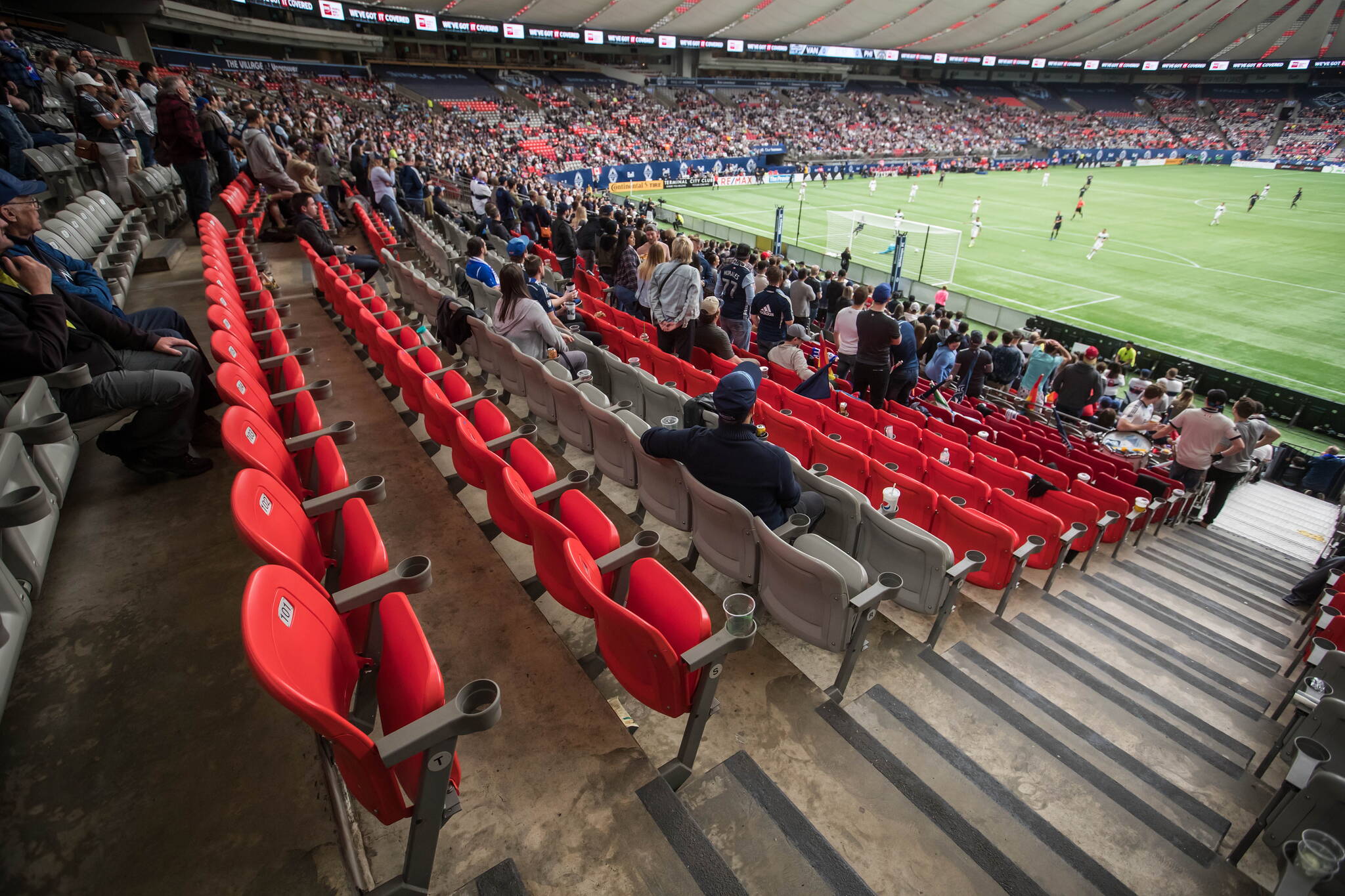 Numerous seats sit empty after Vancouver Whitecaps fans left their seats during an in-game walkout protest to show support for members of the 2008 women’s Whitecaps and under-20 Canadian national team who have alleged abuse by a former coach who ran both teams, as the Whitecaps play the Philadelphia Union during the first half of an MLS soccer match in Vancouver, on Saturday April 27, 2019. THE CANADIAN PRESS/Darryl Dyck