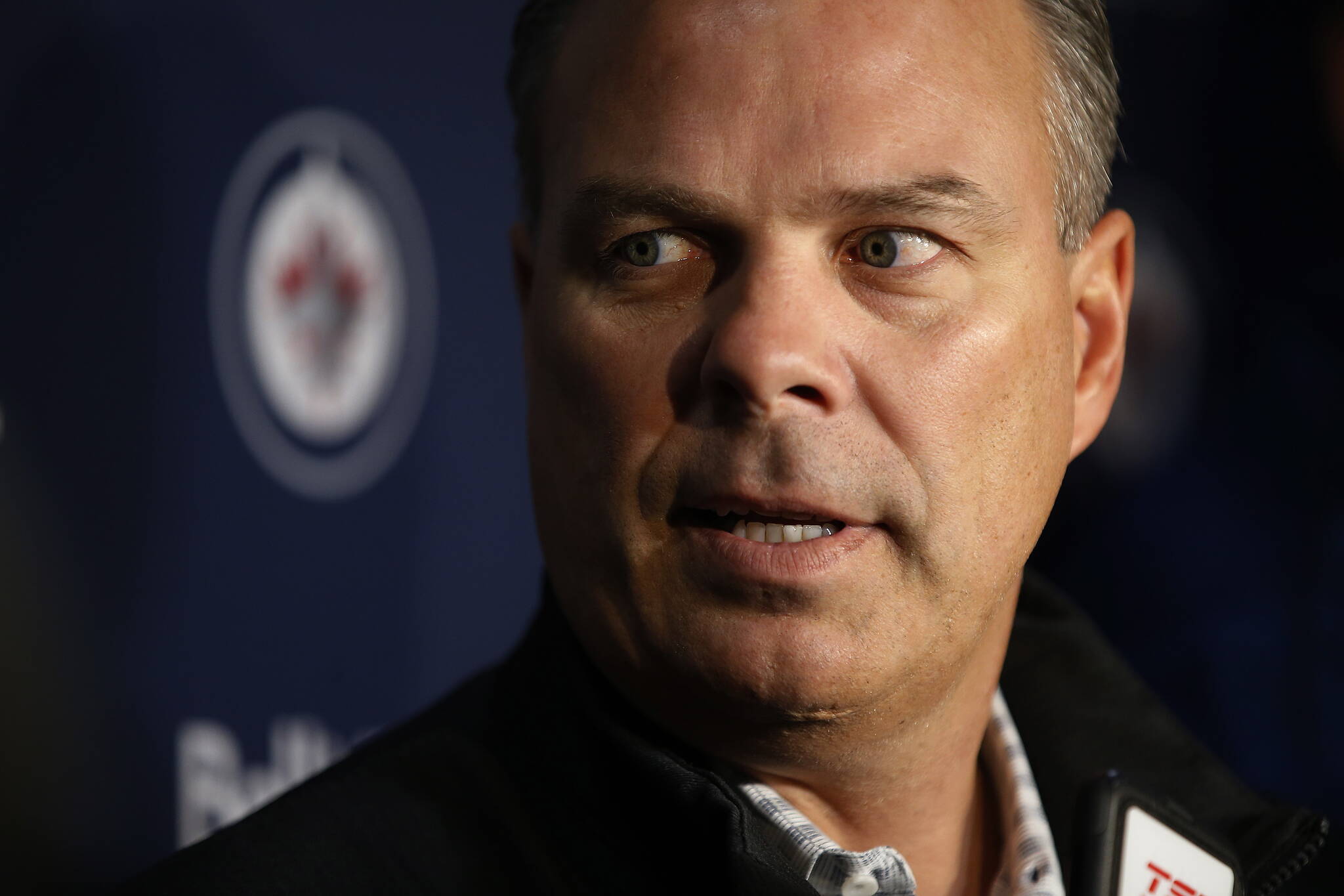 Winnipeg Jets general manager Kevin Cheveldayoff talks to media during the first day of the Jets NHL training camp in Winnipeg, Friday, Sept. 13, 2019. THE CANADIAN PRESS/John Woods