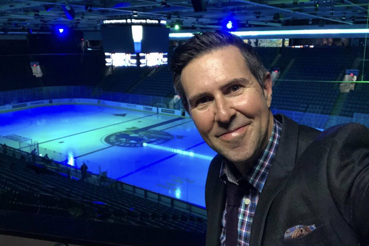 Broadcaster James Cybulski at Abbotsford Centre during the Abbotsford Canucks’ home-opening game on Oct. 22. Cybulski, a Delta resident, is the voice of the “NHL 22” video game produced by Burnaby-based EA Sports. (Photo: twitter.com/jamescybulski)