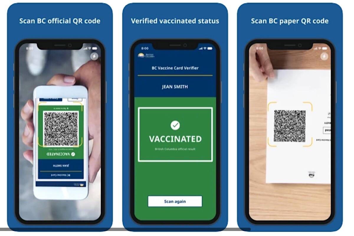 Smartphone app scans QR code from a digital or printed copy of the B.C. vaccine card, confirming vaccine status without showing government identification. (Apple app store images)