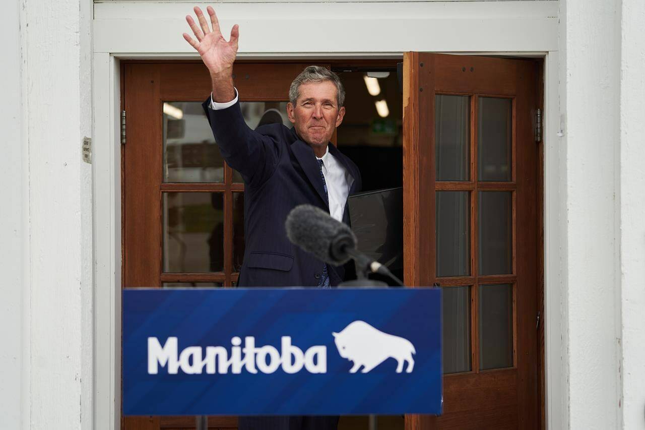 Manitoba Premier Brian Pallister announces that he will not be seeking re-election in front of the Dome Building in Brandon, Man., on Tuesday, Aug. 10, 2021. The governing Progressive Conservatives are to choose a new party leader today who will become the province’s next premier. THE CANADIAN PRESS/David Lipnowski