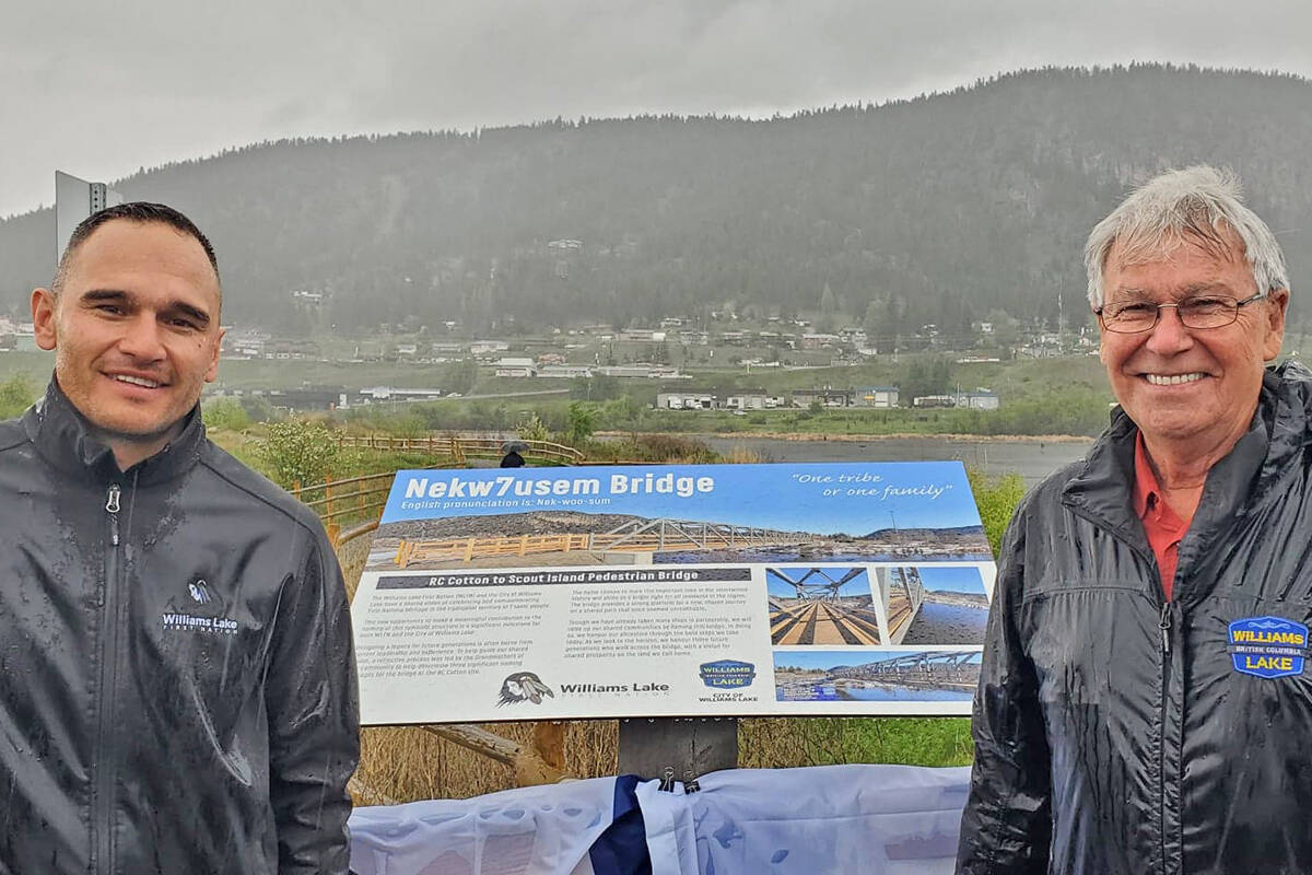 Williams Lake First Nation Chief Willie Sellars, left, and Williams Lake Mayor Walt Cobb officiated naming the Nekw7usem Bridge linking the RC Cotton Trail to Scout Island together earlier this year in Williams Lake. (Monica Lamb-Yorski photo - Williams Lake Tribune)