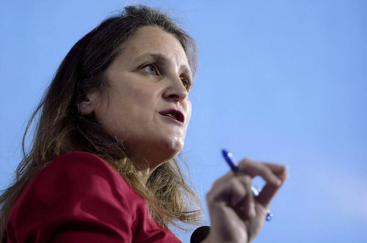 Deputy Prime Minister and Minister of Finance Chrystia Freeland arrives to hold a press conference at the G20 Summit in Rome, Italy, Saturday, Oct. 30, 2021. THE CANADIAN PRESS/Sean Kilpatrick