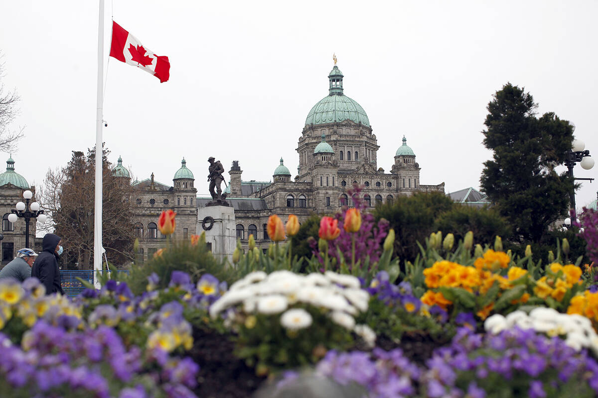 The B.C. Legislature flies the Canadian flag at half mast in Victoria, Friday, April 9, 2021 in honour of the anniversary of the Battle of Vimy Ridge and the passing of Prince Philip, Duke of Edinburgh who died today at the age of 99. The flag will remain at half mast until after his funeral. THE CANADIAN PRESS/Chad Hipolito