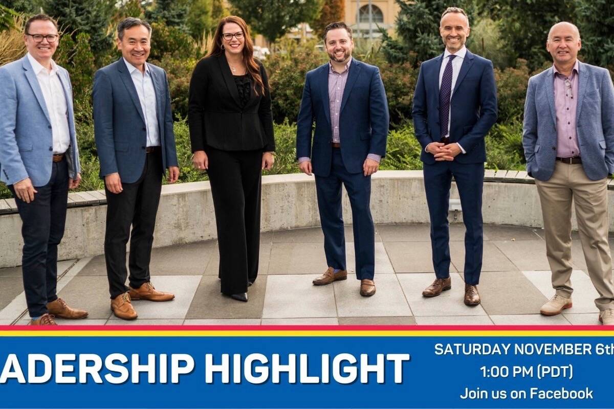 B.C. Liberal candidates assemble for a group photo as the leadership campaign moves toward a party vote in February 2022. From left: Kevin Falcon, Michael Lee, Renee Merrifield, Gavin Dew, Val Litwin and Ellis Ross. (B.C. Liberal Party)