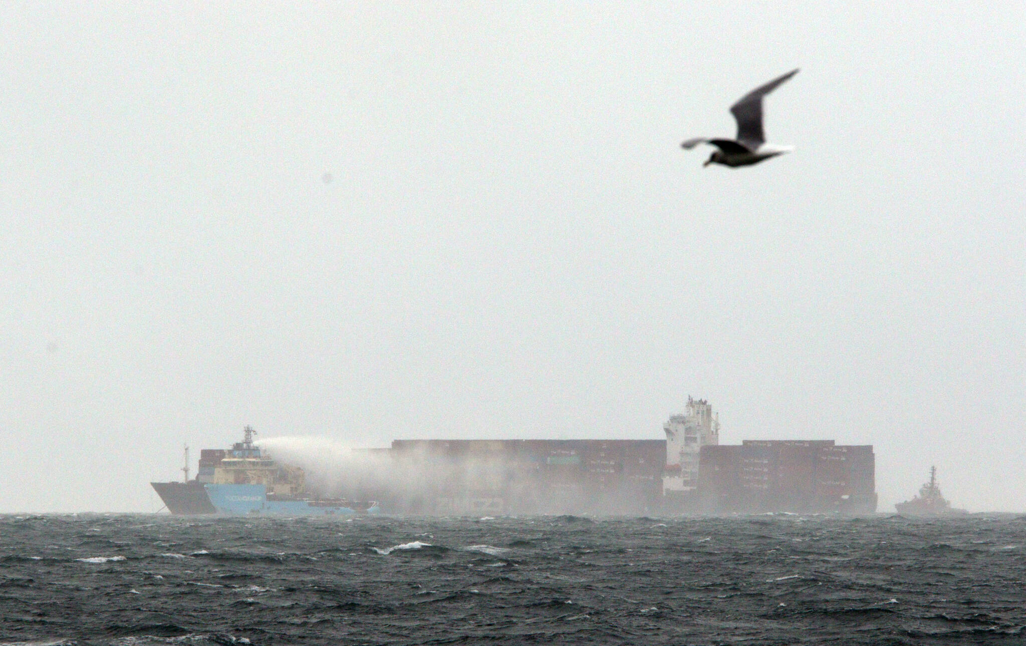 Ships continue to work to control a fire onboard the MV Zim Kingston about eight kilometres from the shore in Victoria, B.C., on Monday, October 25, 2021. A special weather statement was issued for the Greater Victoria area as southeasterly winds gusting up to 90km per hour were forecasted. THE CANADIAN PRESS/Chad Hipolito