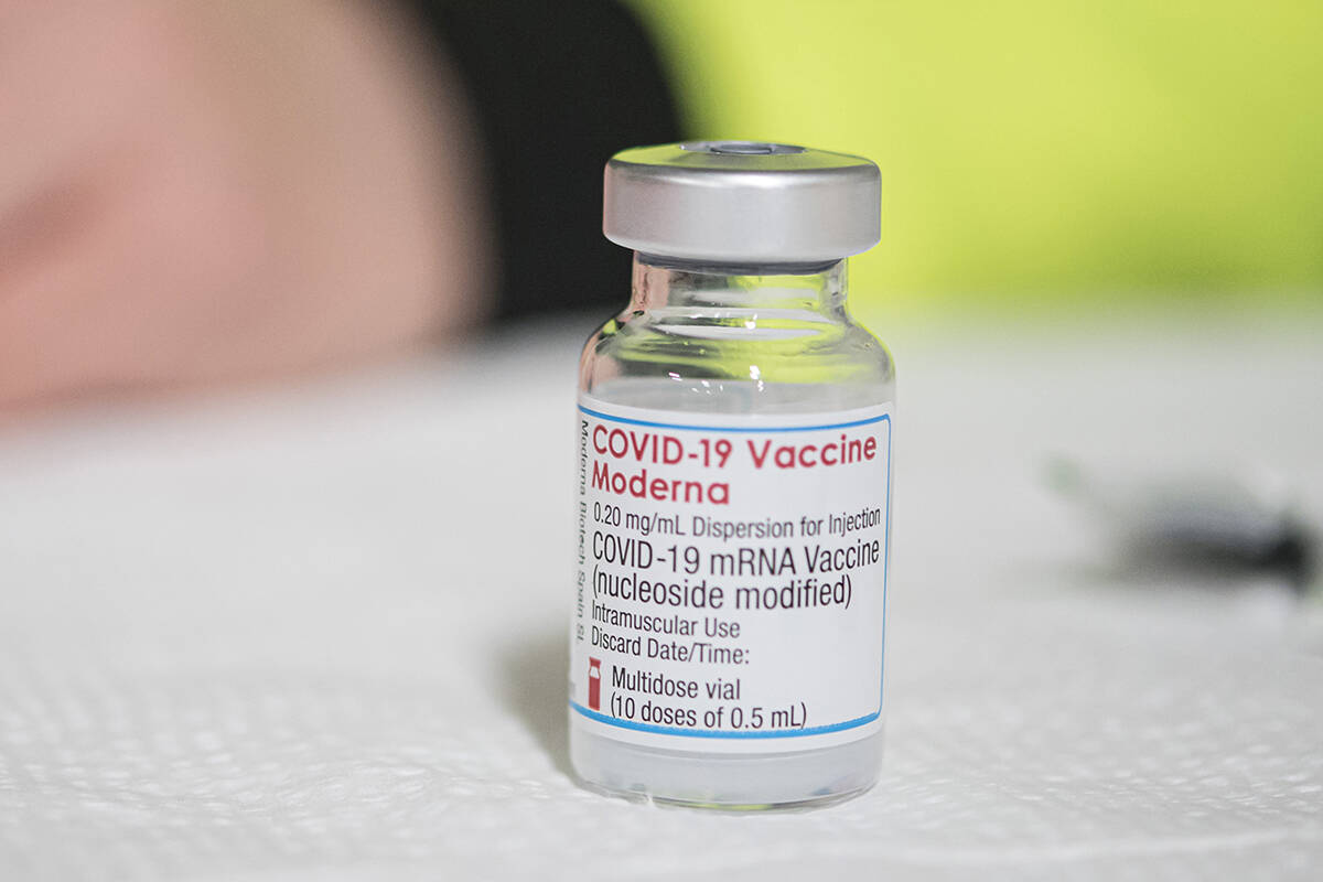 A vial of the Moderna COVID-19 vaccine is seen at a one-day pop-up vaccination clinic at the Muslim Neighbour Nexus Mosque, in Mississauga, Ont., on Thursday, April 29, 2021. THE CANADIAN PRESS/Christopher Katsarov