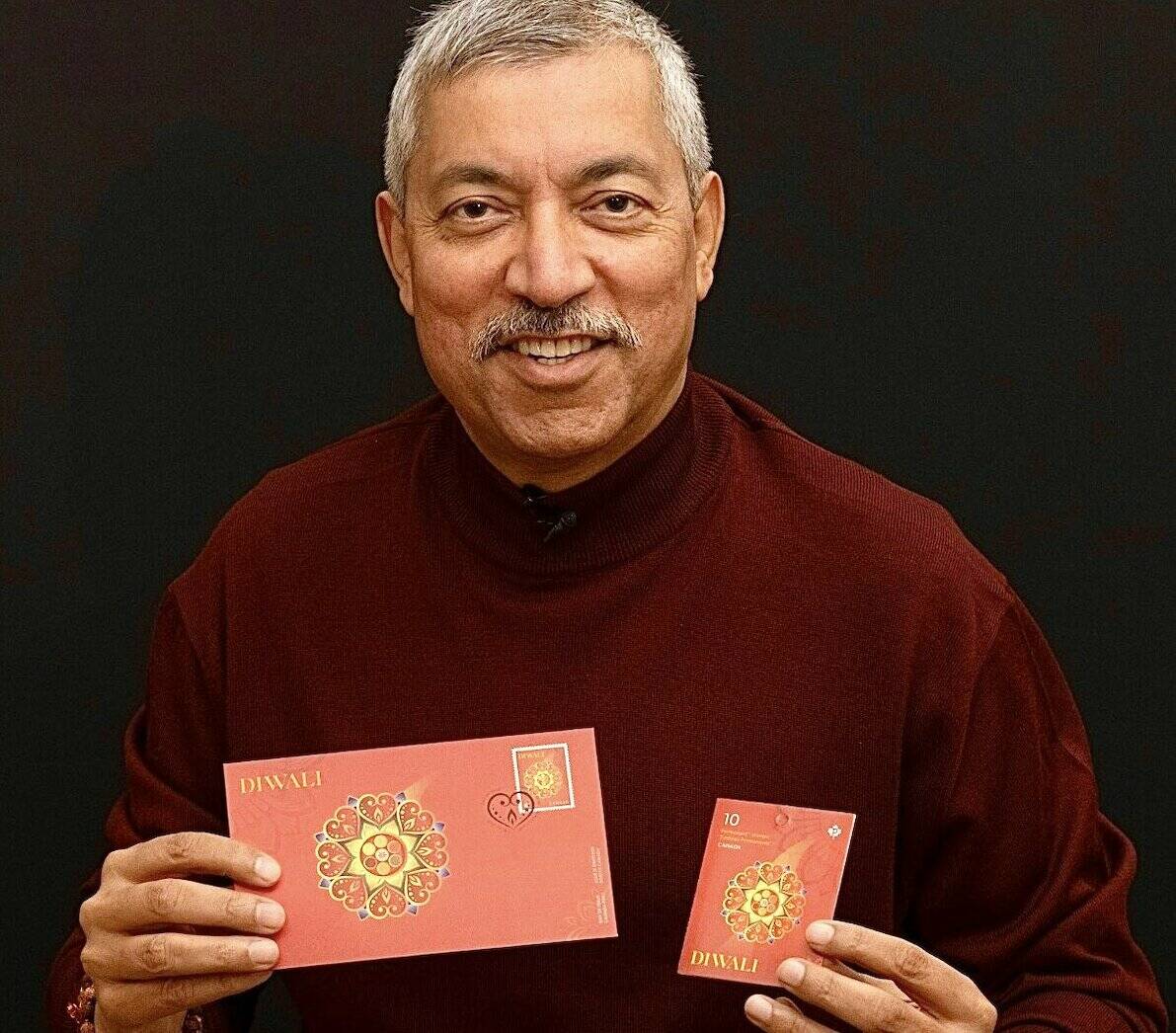 Kamal Sharma with examples of Canada Post's new Diwali-themed stamp. (Photo: twitter.com/kamal_kvp)