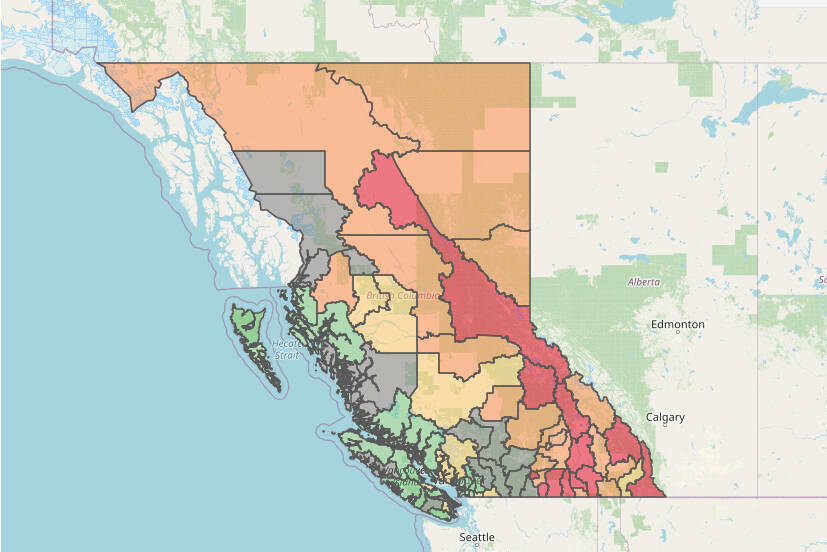 A new map is available online to search radon exposure rates in various communities around B.C., to highlight the importance of indoor radon testing. (BC Centre for Disease Control image)