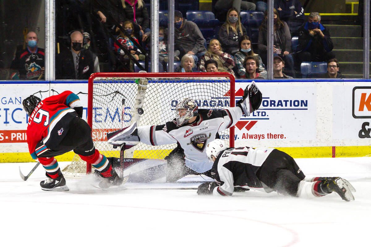 Jesper Vikman makes a beautiful save Wednesday night in Kelowna, against theRockets. (Steve Dunsmoor/Special to Langley Advance Times)