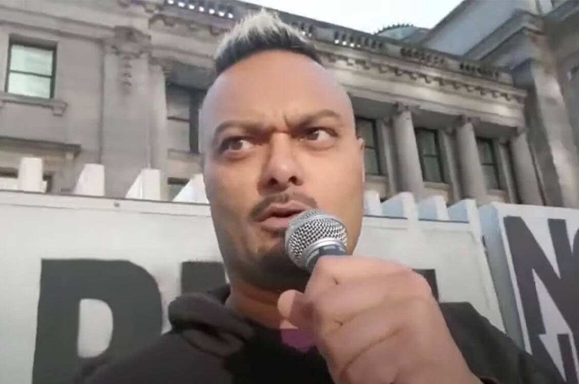 Mak Parhar speaks at an anti-mask rally outside the Vancouver Art Gallery on Sunday, Nov. 1, 2020. Parhar was arrested on Nov. 2 and charged with allegedly violating the Quarantine Act after returning from a Flat Earth conference held in Geenville, South Carolina on Oct. 24. (Flat Earth Focker/YouTube.com screenshot)