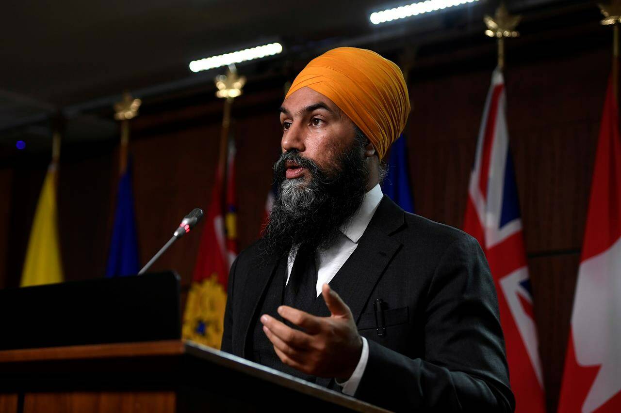 NDP Leader Jagmeet Singh speaks during a news conference on Parliament Hill in Ottawa, on Wednesday, Oct. 27, 2021. THE CANADIAN PRESS/Justin Tang