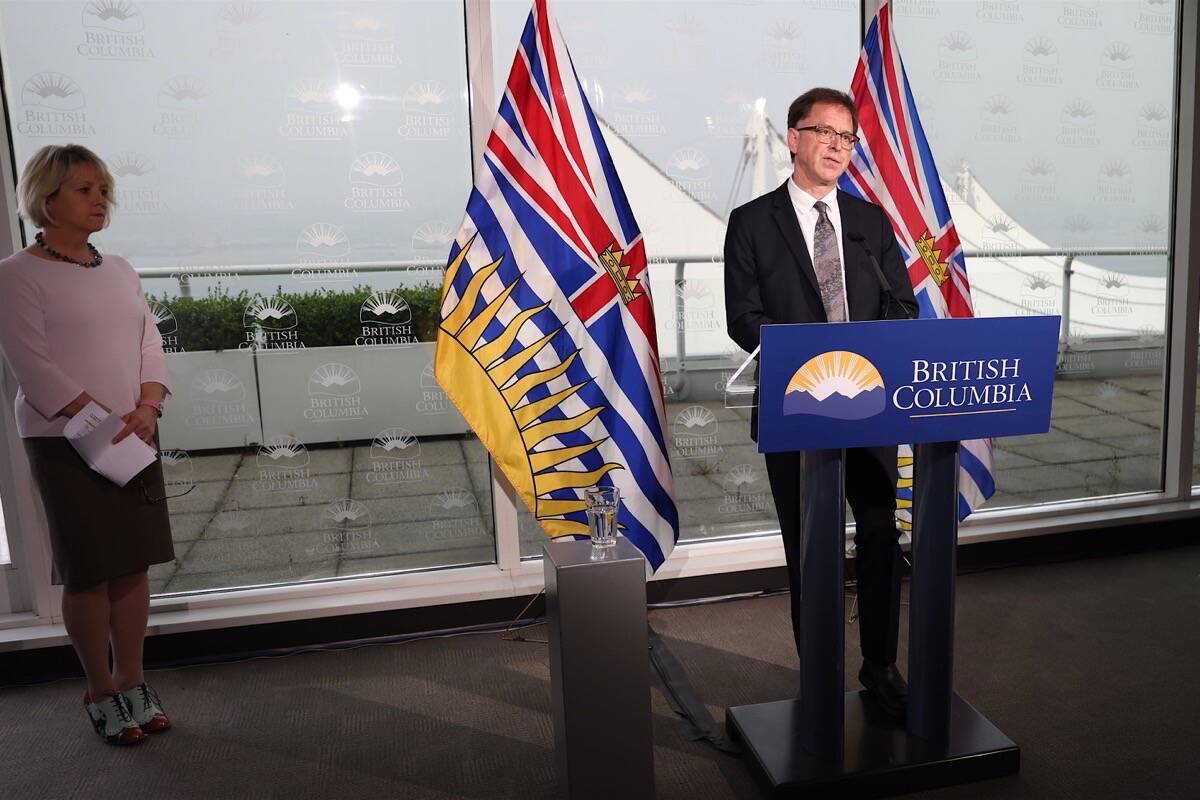 Provincial health officer Dr. Bonnie Henry and Health Minister Adrian Dix update B.C.’s COVID-19 situation from the Vancouver cabinet offices, Sept. 17, 2020. (B.C. government)