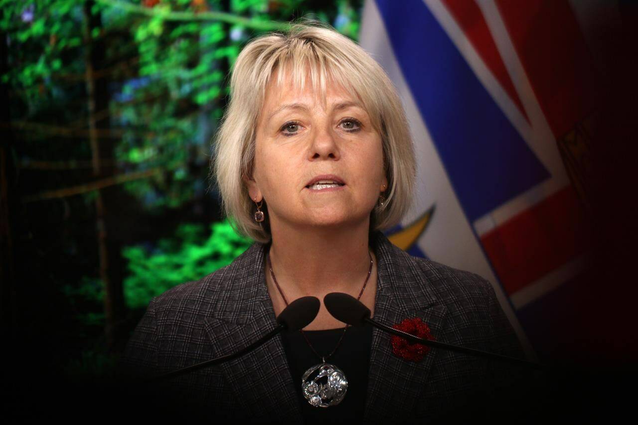 Provincial health officer Dr. Bonnie Henry speaks during a news conference in the press gallery at the legislature in Victoria, Monday, Nov. 1, 2021. THE CANADIAN PRESS/Chad Hipolito