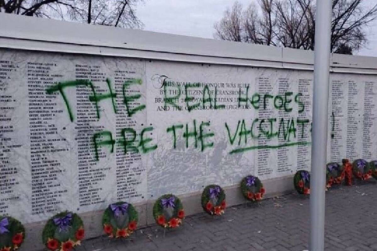 Wall of Honour vandalized on Nov. 11, 2021 in Cranbrook, B.C. (Reddit photo)