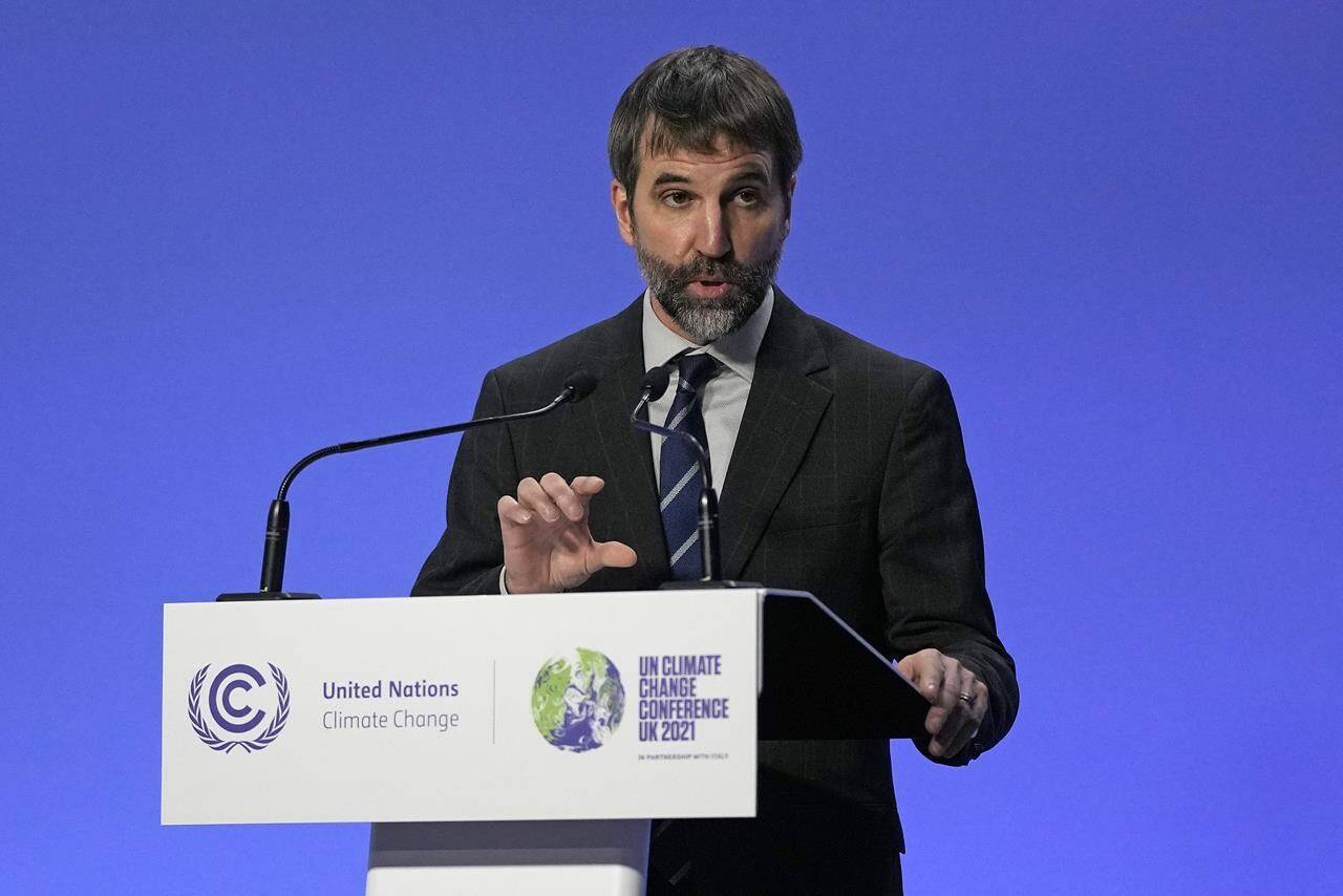 Steven Guilbeault, Minister of Environment and Climate Change for Canada speaks during a press conference at the COP26 U.N. Climate Summit in Glasgow, Scotland, Friday, Nov. 12, 2021. THE CANADIAN PRESS/AP-Alastair Grant